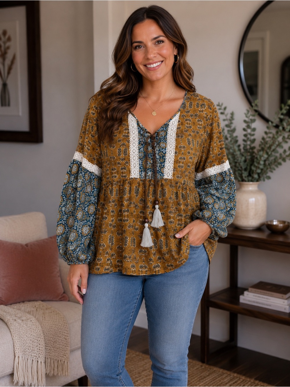 Maurices Boho Peasant Blouse NWOT Size Large Mustard Floral Tassel Top